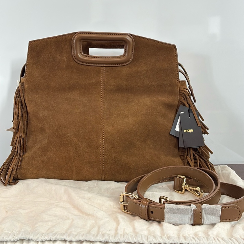 Maje Sac Camel Suede Leather Crossbody Handbag with Fringe